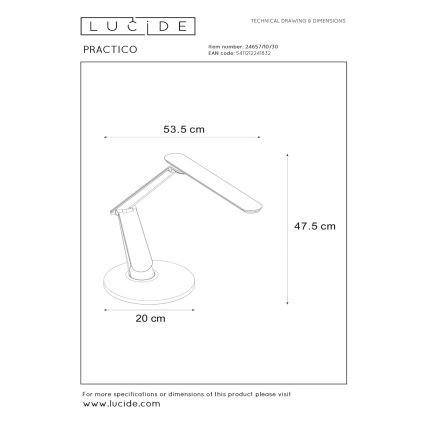 Lucide 24657/10/30 - Lampada da tavolo LED dimmerabile con funzione Touch PRACTICO LED/10W/230V