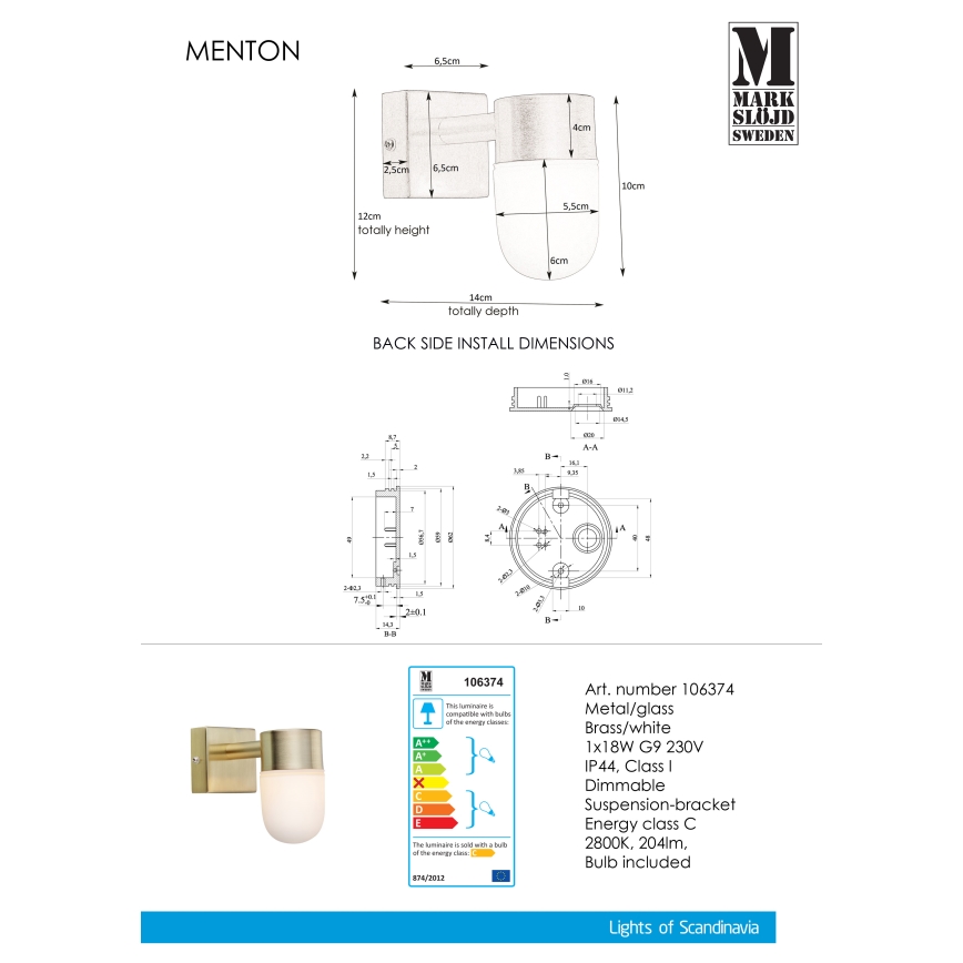 Markslöjd 106374 - Applique murale de salle de bain MENTON 1xG9/18W230V IP44