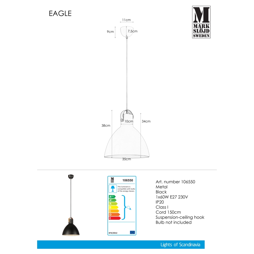 Markslöjd 106550 - Lampadario a sospensione con filo EAGLE 1xE27/60W/230V