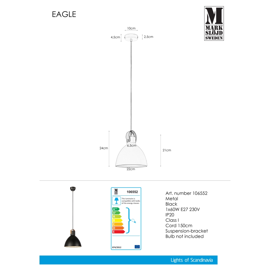 Markslöjd 106552 - Lampadario a sospensione con filo EAGLE 1xE27/60W/230V nero