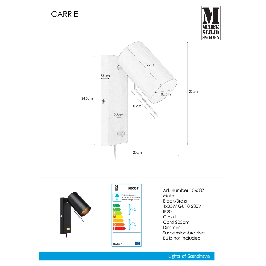Markslöjd 106587 - Applique dimmerabile CARRIE 1xGU10/35W/230V nero