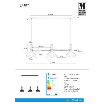 Markslöjd 106971 - Lampadario a sospensione con filo LARRY 3xE27/60W/230V nero/oro
