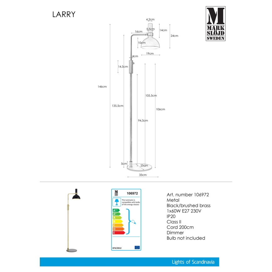 Markslöjd 106972 - Lampada da terra dimmerabile LARRY 1xE27/60W/230V nero/oro