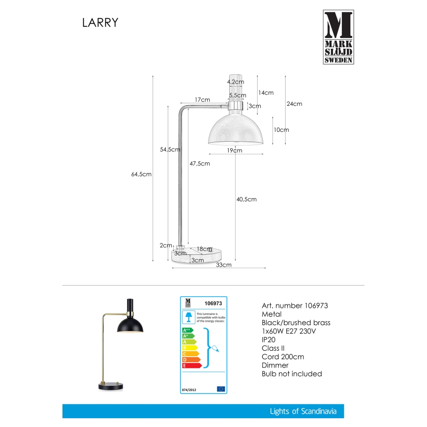 Markslöjd 106973 - Lampe de table à intensité variable LARRY 1xE27/60W/230V noire/or
