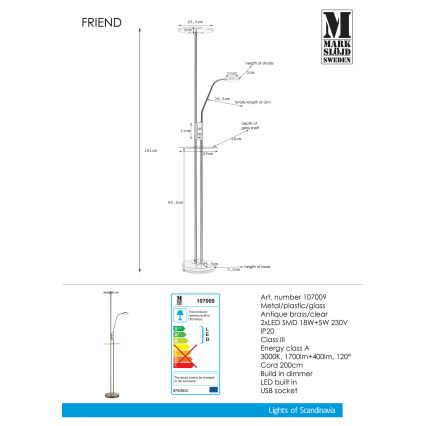 Markslöjd 107009 - Lampada da terra LED dimmerabile FRIEND LED/18W/230V + LED/5W
