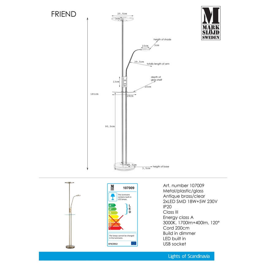 Markslöjd 107009 - Lampada da terra LED dimmerabile FRIEND LED/18W/230V + LED/5W