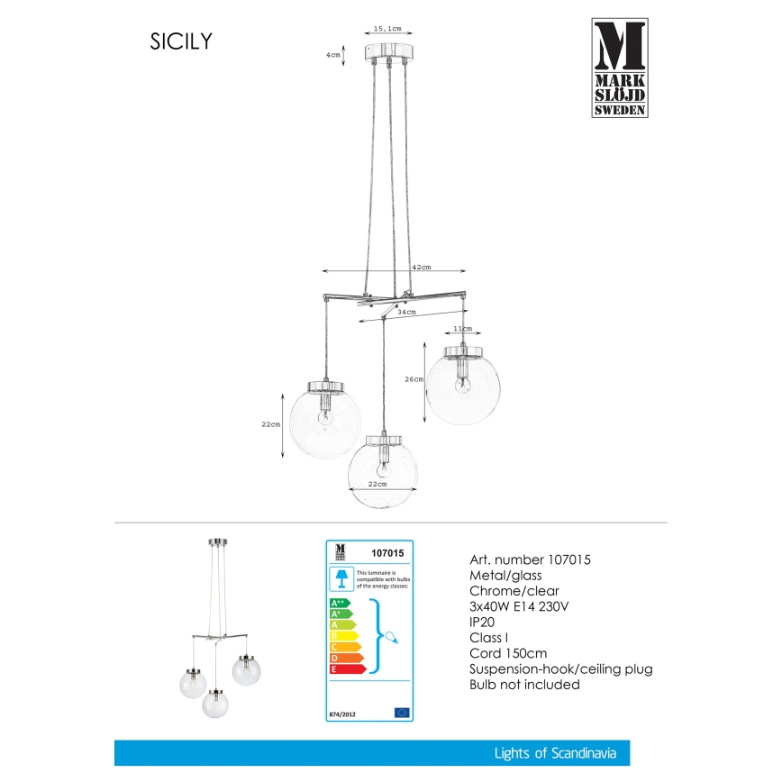 Markslöjd 107015 - Lampadario a sospensione con filo SICILY 3xE14/40W/230V