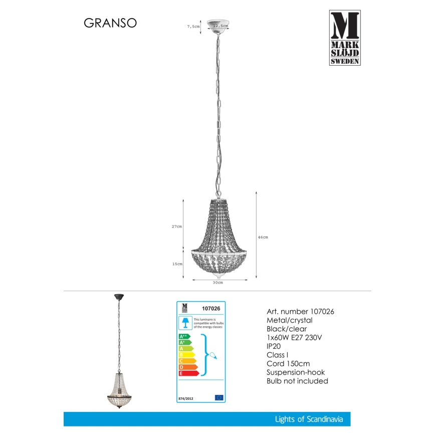 Markslöjd 107026 - Lampadario di cristallo su catena GRÄNSÖ 1xE27/60W/230V