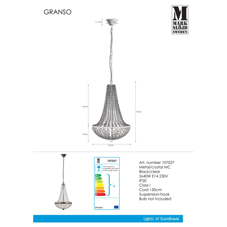 Markslöjd 107027 - Lampadario di cristallo su catena GRÄNSÖ 2xE14/40W/230V