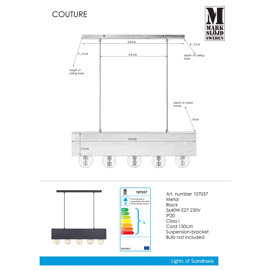 Markslöjd 107037 - Hängeleuchte COUTURE 5xE27/40W/230V schwarz
