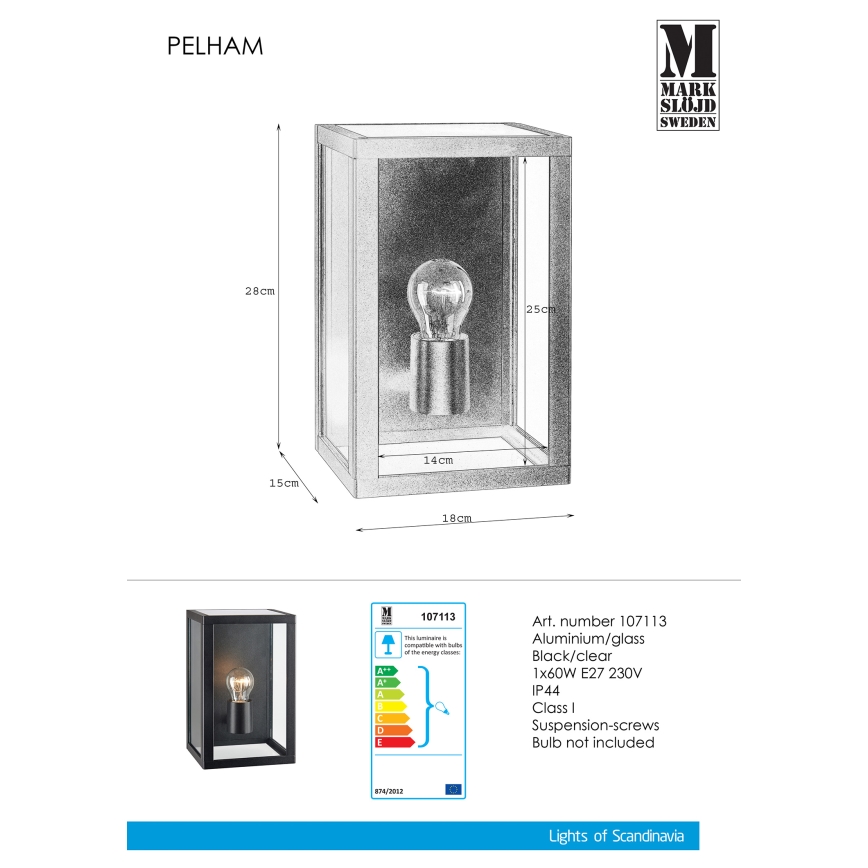 Markslöjd 107113 - Applique murale extérieure PELHAM 1xE27/60W/230V IP44 noir
