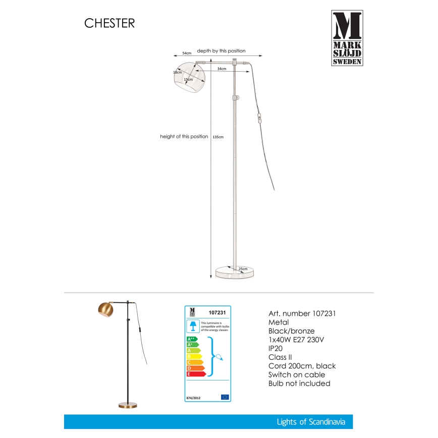 Markslöjd 107231 - Lampada da terra CHESTER 1xE27/40W/230V nero/bronzo