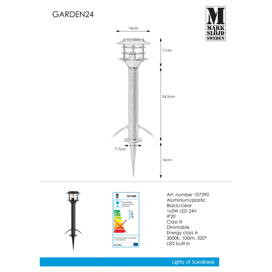 Markslöjd 107290 - LED-Außenleuchte GARDEN 24 LED/3W/24V 45 cm IP44 schwarz