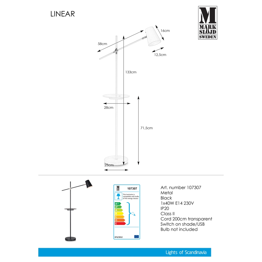 Markslöjd 107307 - Lampadaire avec USB LINEAR 1xE14/40W/230V
