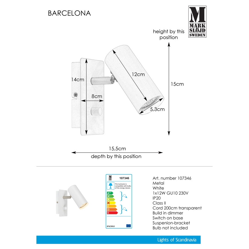 Markslöjd 107346 - Luce Spot da parete dimmerabile BARCELONA 1xGU10/12W/230