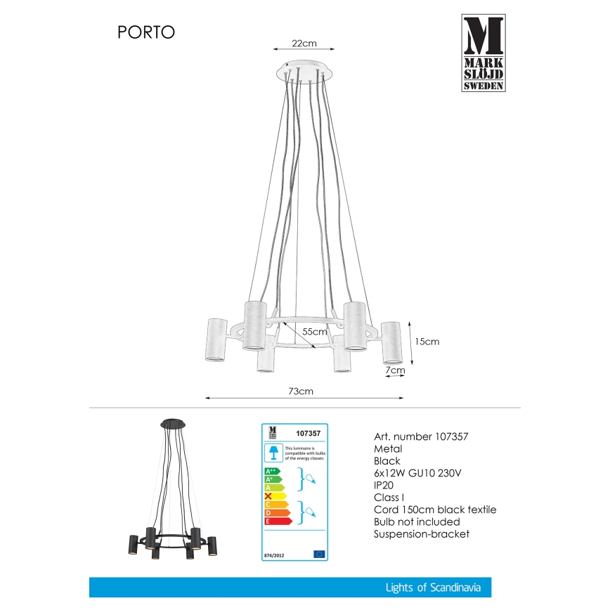 Markslöjd 107357 - Lampadario a sospensione con filo PORTO 6xGU10/12W/230V