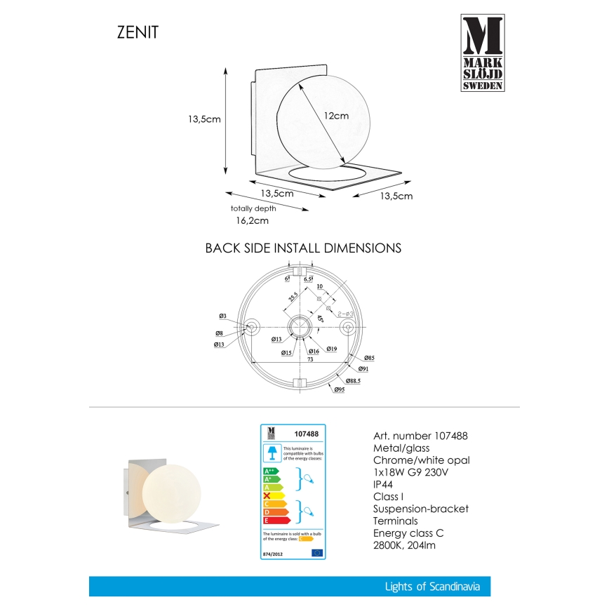 Markslöjd 107488 - Badezimmer Wandleuchte ZENIT 1xG9/18W/230V IP44