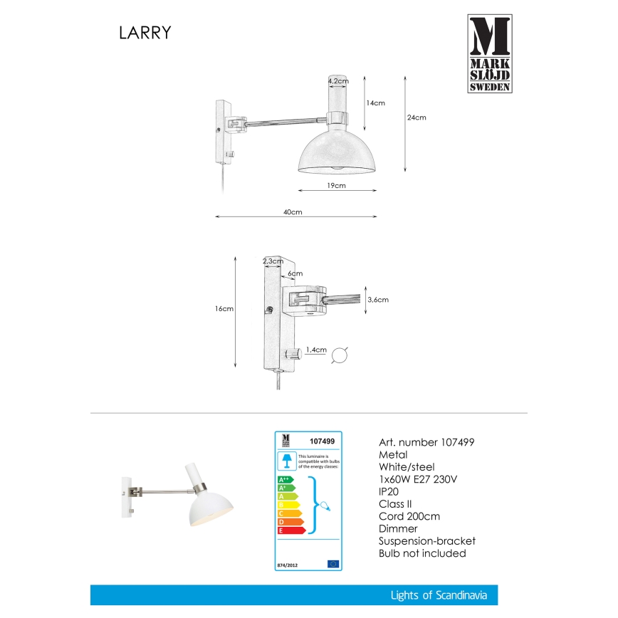 Markslöjd 107499 - Applique murale à intensité variable LARRY 1xE27/60W/230V