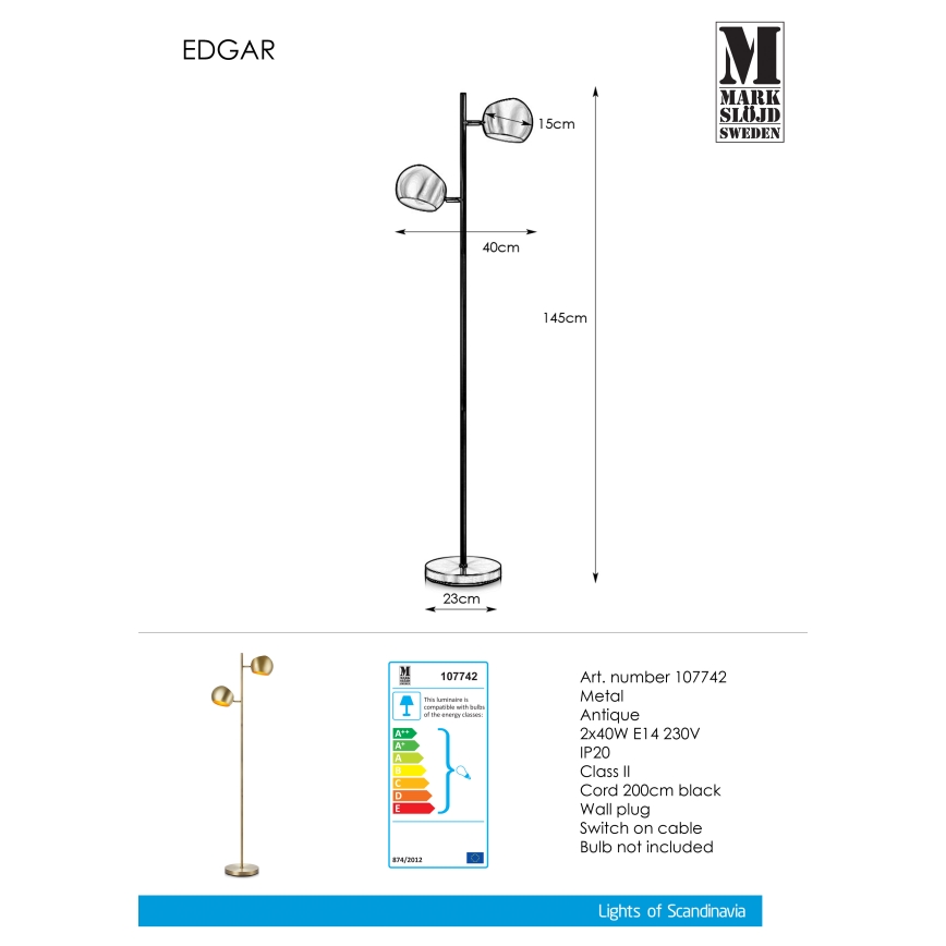 Markslöjd 107742 - Lampadaire EDGAR 2xE14/40W/230V