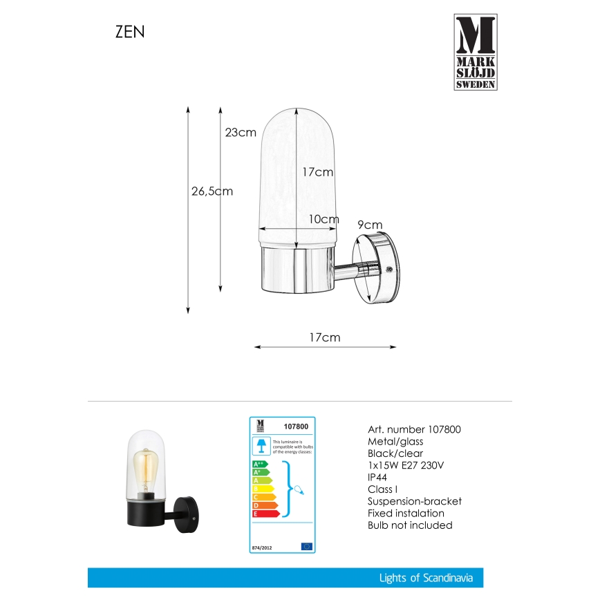 Markslöjd 107800 - Applique murale salle de bain ZEN 1xE27/15W/230V IP44