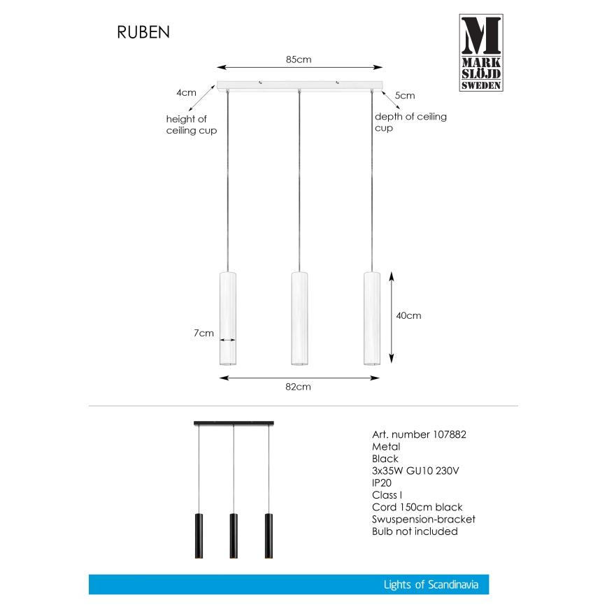 Markslöjd 107882 - Lampadario a sospensione con filo RUBEN 3xGU10/35W/230V
