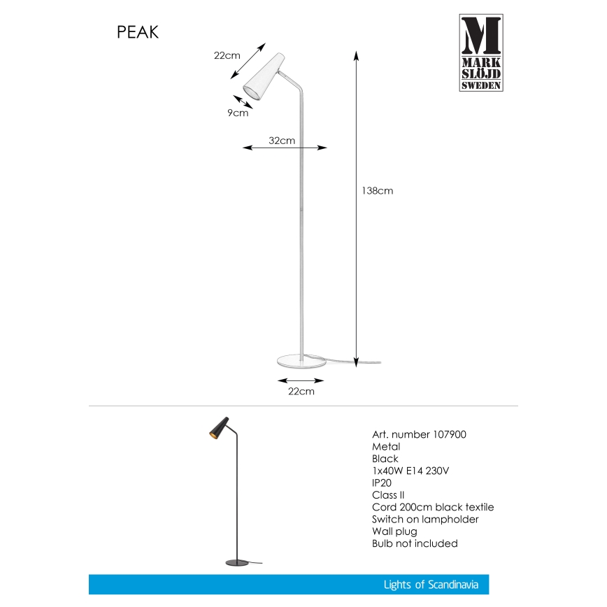 Markslöjd 107900 - Lampada da terra PEAK 1xE14/40W/230V