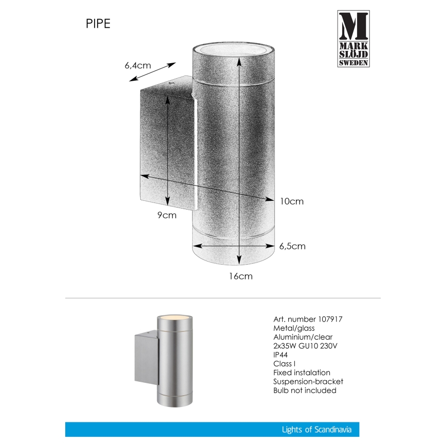 Markslöjd 107916 - Außenwandleuchte PIPE 2xGU10/35W/230V IP44