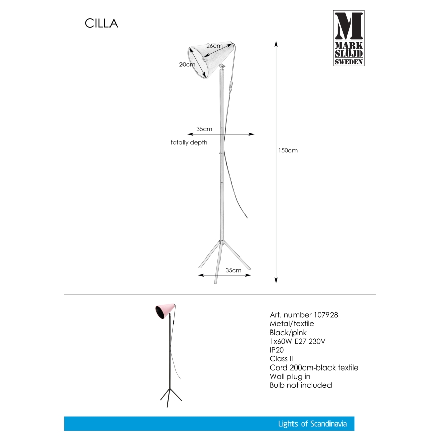 Markslöjd 107928 - Lampada da terra CILLA 1xE27/60W/230V