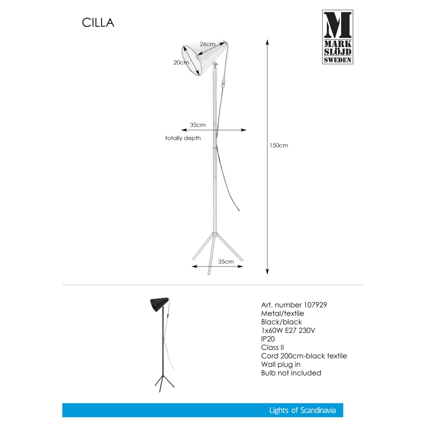 Markslöjd 107929 - Lampada da terra CILLA 1xE27/60W/230V
