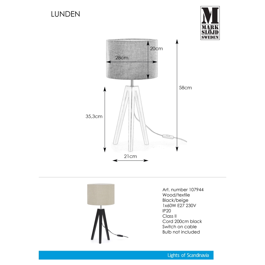 Markslöjd 107944 - Tischlampe LUNDEN 1xE27/60W/230V