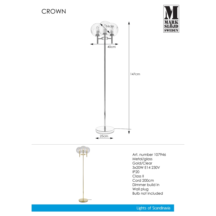 Markslöjd 107946 - Lampadaire CROWN 3xE14/20W/230V