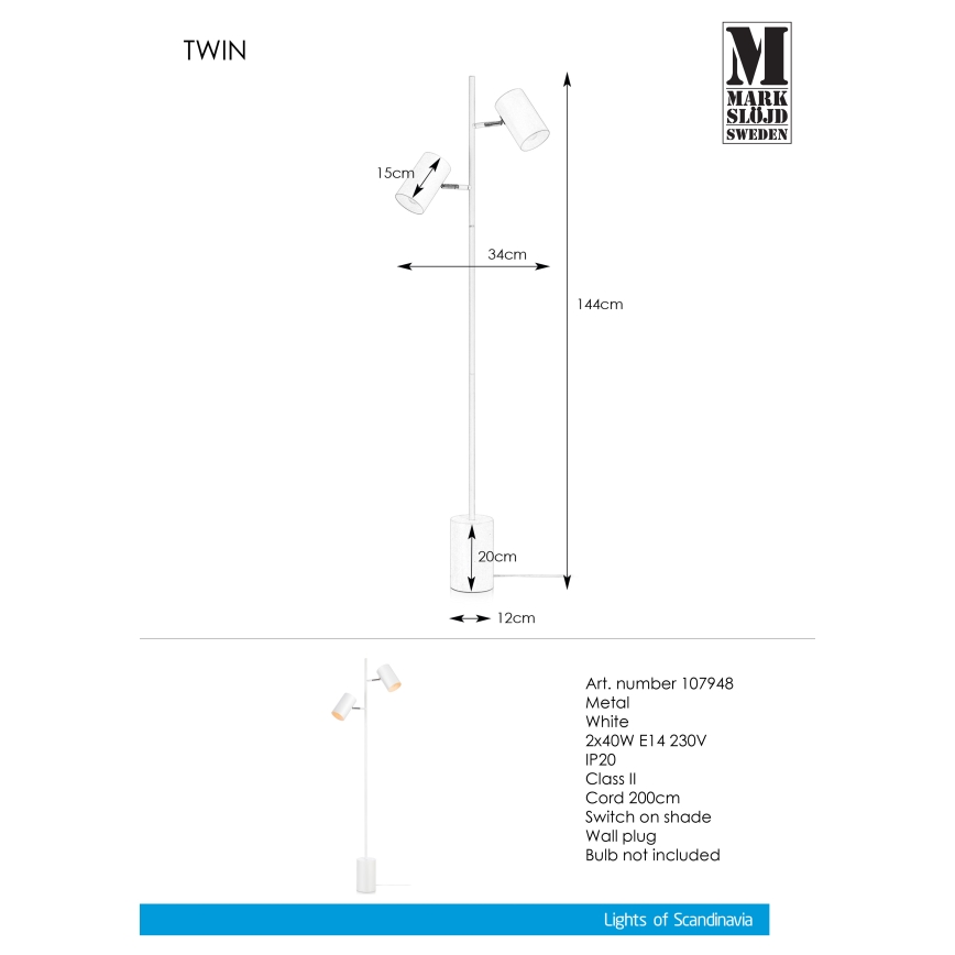 Markslöjd 107948 - Lampada da terra TWIN 2xE14/40W/230V