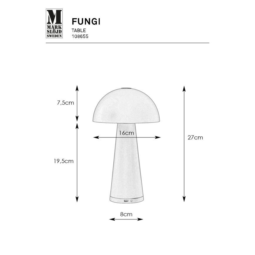 Markslöjd 108655 - Lampe à intensité variable rechargeable FUNGI LED/1,5W/5V IP44 noir