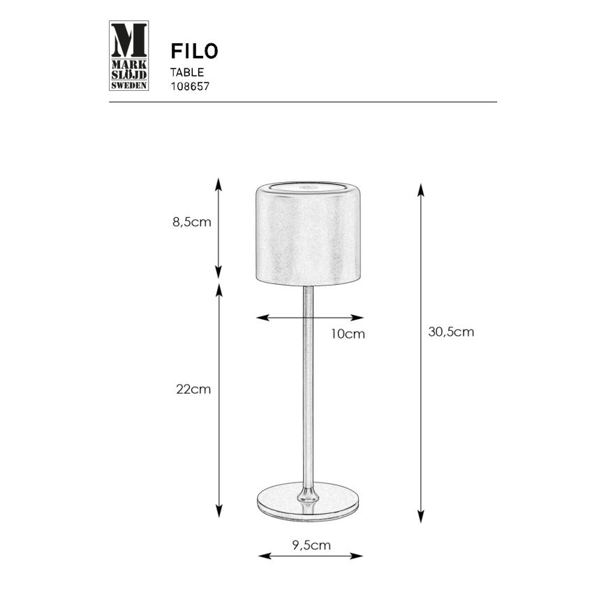 Markslöjd 108657 - Lampe de table rechargeable à intensité variable FILO LED/2W/5V IP44 30cm noir