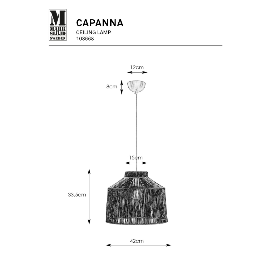 Markslöjd 108668 - Lampadario a sospensione con filo CAPANNA 1xE27/40W/230V nero