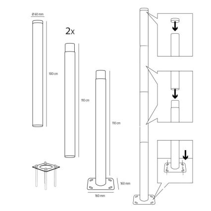 Mât métallique BASE 4 m pour éclairage extérieur, Ø 60 mm, noir