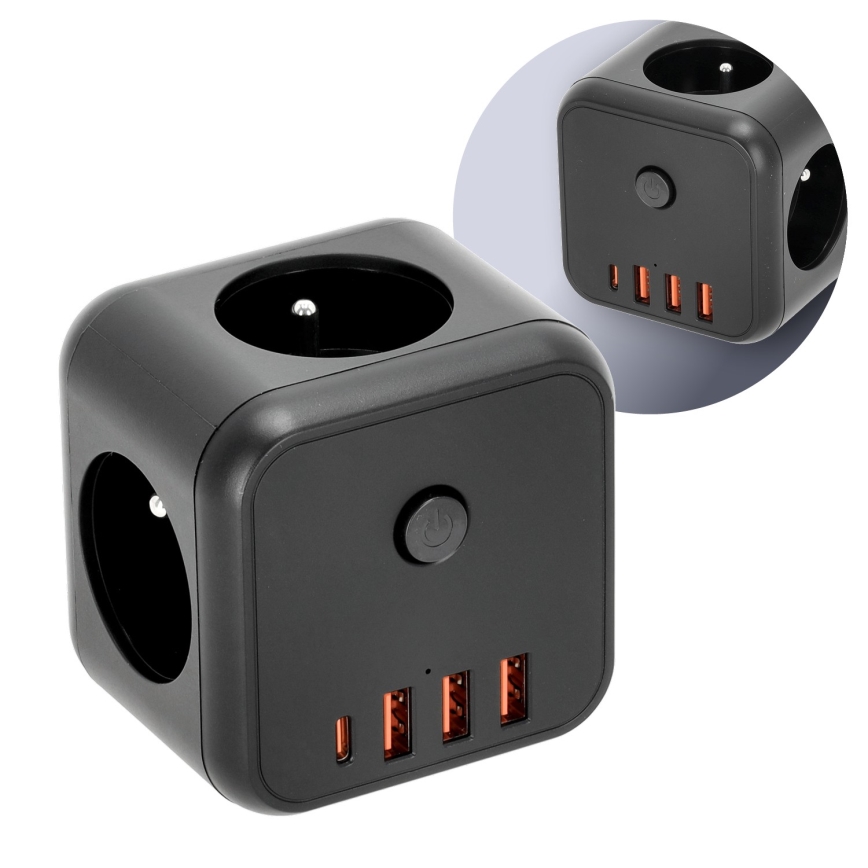 Mehrfachsteckdose mit Schalter LINEA 3x230V + 4xUSB A/C schwarz