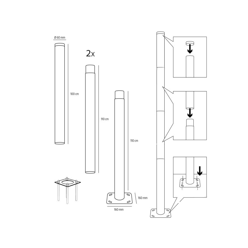 Metallstange für Außenleuchtenmast BASE, 4 m, Mast‑Ø 60 mm, schwarz