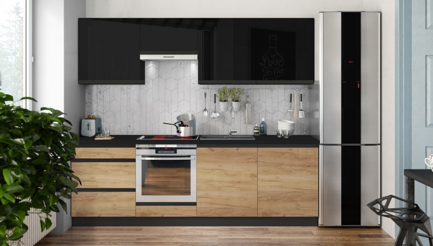 Meuble de cuisine MARINA 240 cm chêne craft/noir laqué
