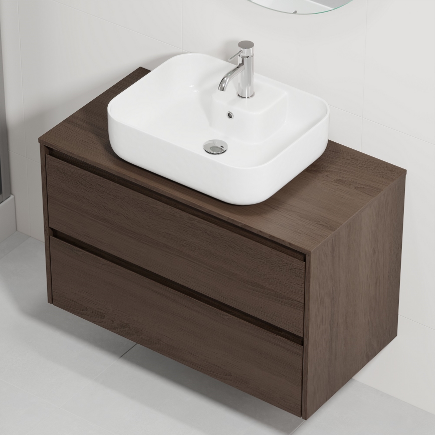 Meuble de salle de bains avec lavabo TRONDHEIM/KRISTIANSAND 90x57x46 cm noyer/blanc