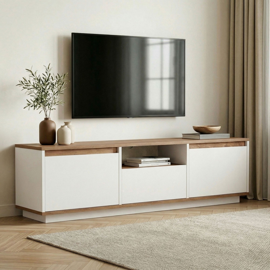 Meuble TV KREDE 160 x 30 cm, blanc/pin