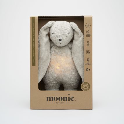 Moonie - Compagno di coccole con melodia e luce coniglietto organic grigio natur