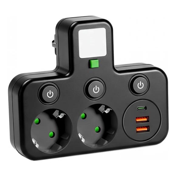Multipresa con interruttore e illuminazione LED LINEA PRO 2Z + 3xUSB A/C SCHUKO 4000K nera