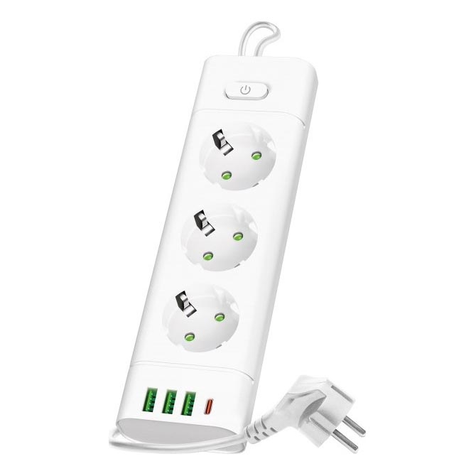 Multipresa con interruttore LINEA PRO 3x230V + 3x USB-A + 1x USB-C SCHUKO 1,5 m bianca
