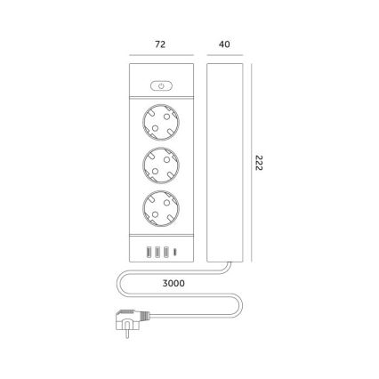 Multipresa con interruttore LINEA PRO 3x230V + 3xUSB-A + 1xUSB-C SCHUKO 3 m bianca