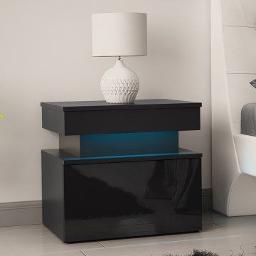 Nachttisch GLOSSA mit LED-Beleuchtung, 51x55 cm, schwarz/hochglänzend