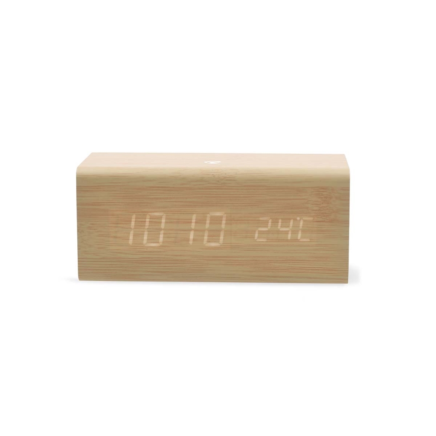 Réveil numérique à écran LED avec thermomètre — alimentation 5V et 1x CR2032, boîtier en bois