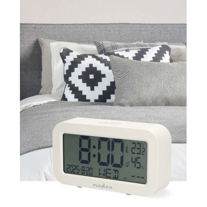 Horloge numérique avec alarme, thermomètre et hygromètre — fonctionne avec 2 piles AA — blanc