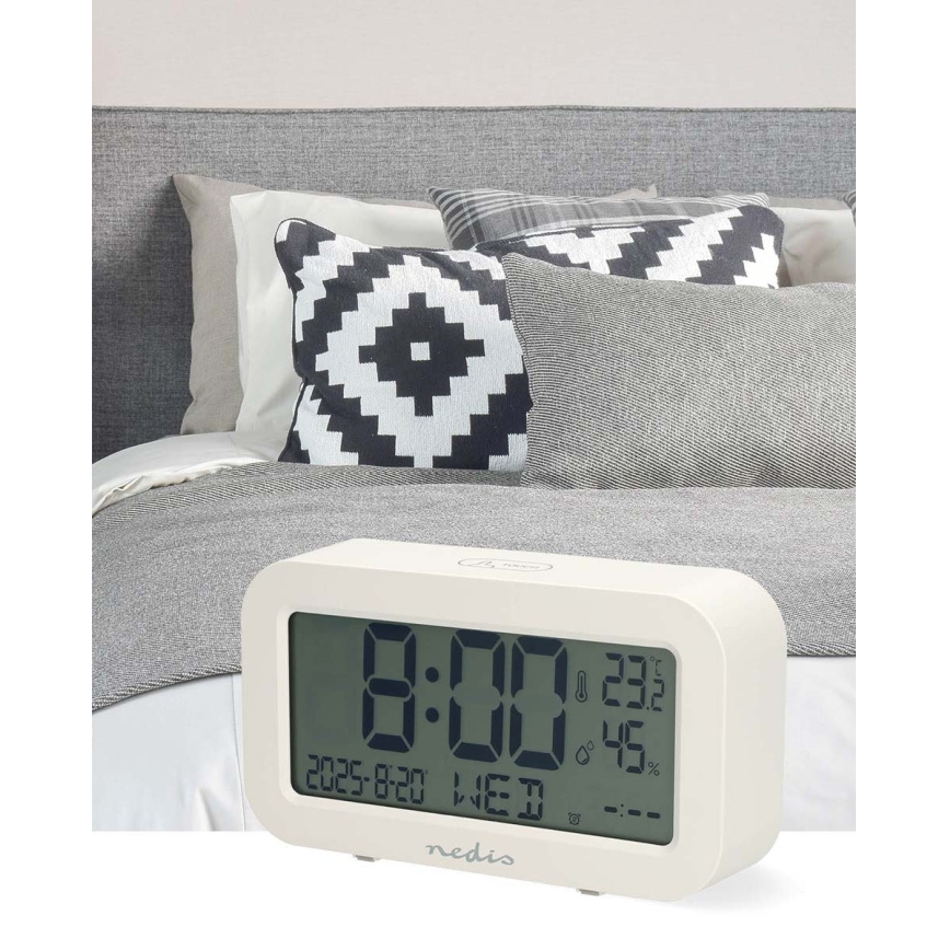 Horloge numérique avec alarme, thermomètre et hygromètre — fonctionne avec 2 piles AA — blanc