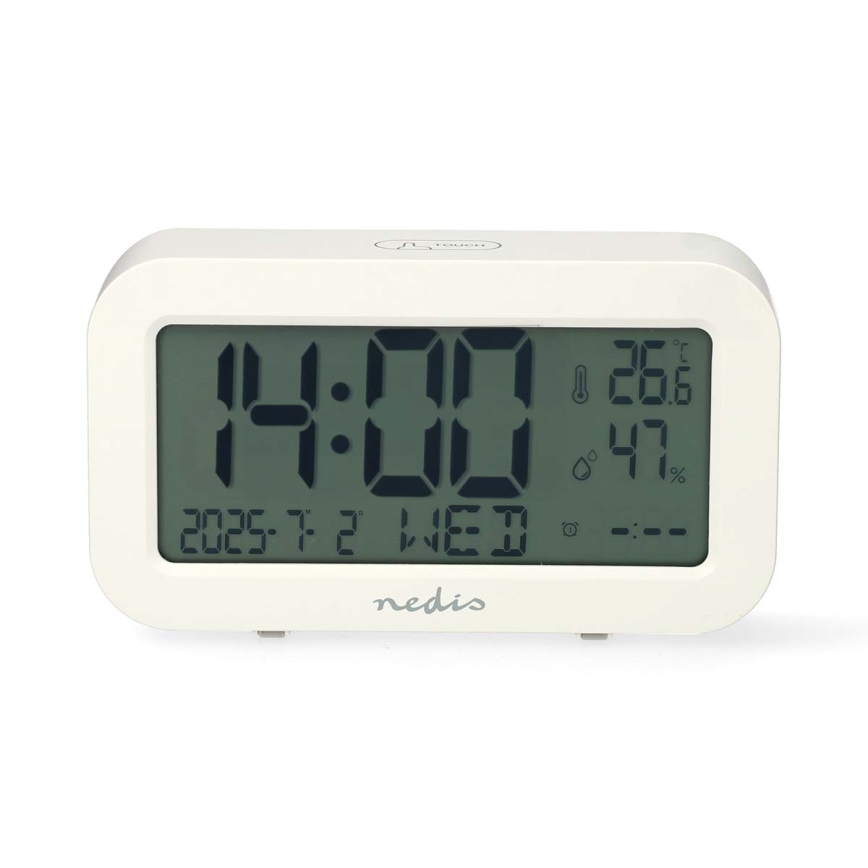 Horloge numérique avec alarme, thermomètre et hygromètre — fonctionne avec 2 piles AA — blanc